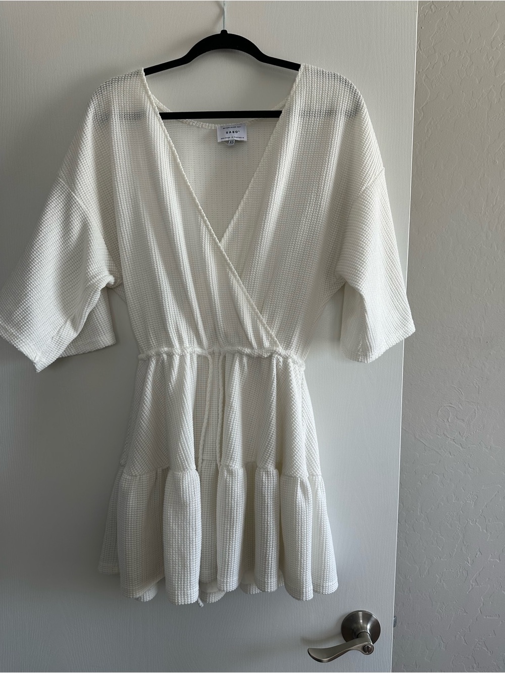 Woven Textured Wrap Mini Dress in White